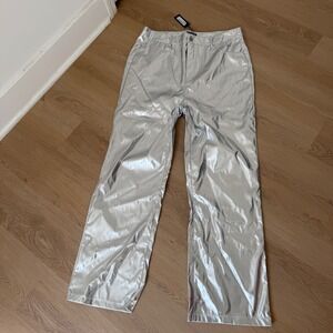 NWT PrettyLittleThing Plus‎ Size Silver Metallic Coated Straight Leg Pants 14